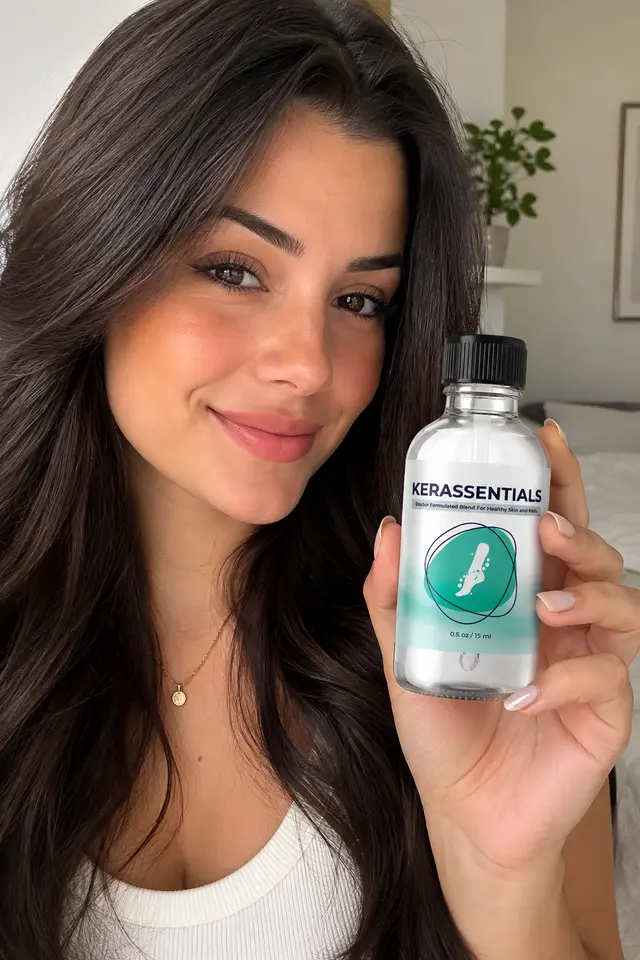 Woman holding Kerassentials Oil bottle